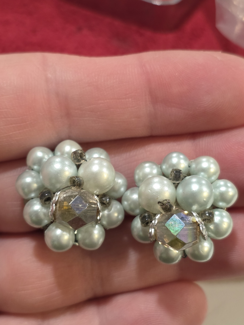 Vintage Marked-"JAPAN" Cluster Pearl Button Earrings in Pale Mint